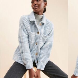 Anthropologie Light Blue Houndstooth Wool-Blend Shacket